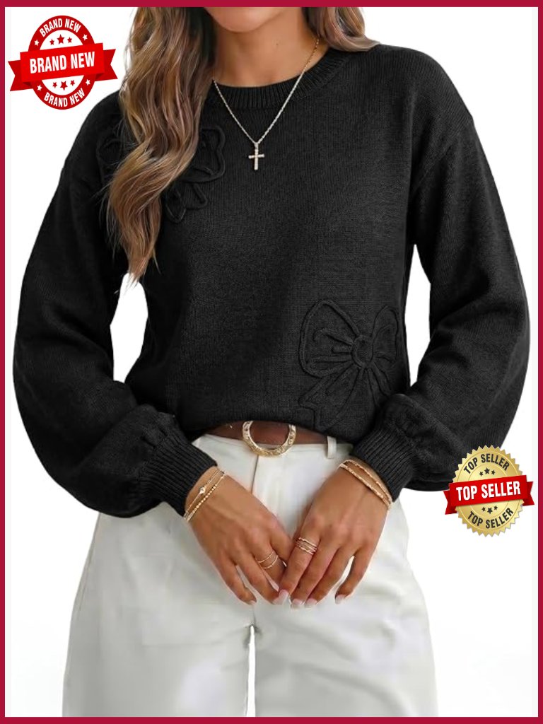 Floral Crewneck Lantern Long Sleeve Pullover Sweater Knit Top Fall Winter